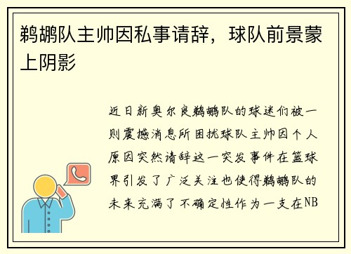 鹈鹕队主帅因私事请辞，球队前景蒙上阴影