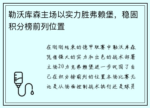 勒沃库森主场以实力胜弗赖堡，稳固积分榜前列位置