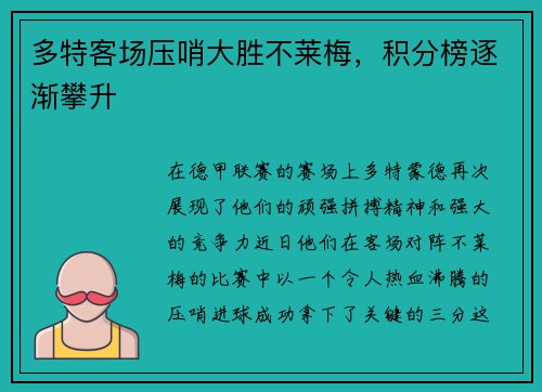多特客场压哨大胜不莱梅，积分榜逐渐攀升