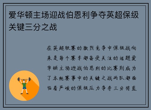 爱华顿主场迎战伯恩利争夺英超保级关键三分之战