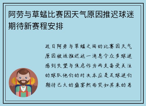 阿劳与草蜢比赛因天气原因推迟球迷期待新赛程安排