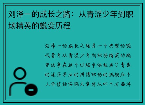 刘泽一的成长之路：从青涩少年到职场精英的蜕变历程