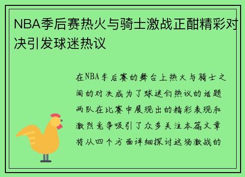 NBA季后赛热火与骑士激战正酣精彩对决引发球迷热议