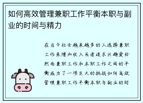 如何高效管理兼职工作平衡本职与副业的时间与精力