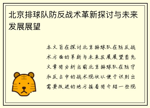 北京排球队防反战术革新探讨与未来发展展望