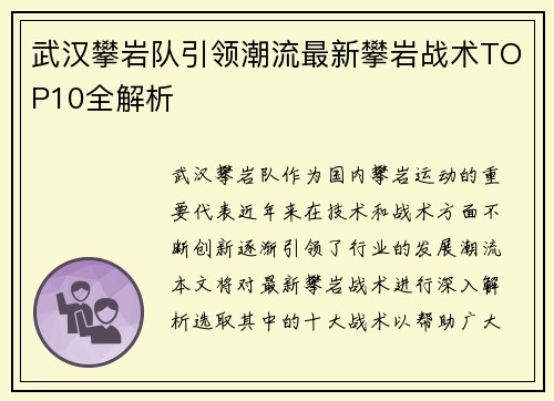 武汉攀岩队引领潮流最新攀岩战术TOP10全解析