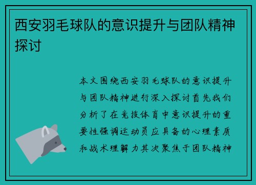 西安羽毛球队的意识提升与团队精神探讨